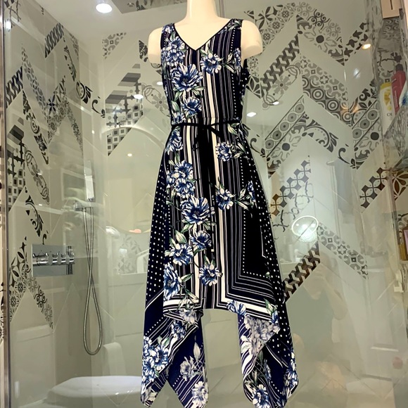 NWT 🌸JR Midnight Blue/Multi Floral Striped Kerchief Hem Midi Dress - Picture 5 of 16